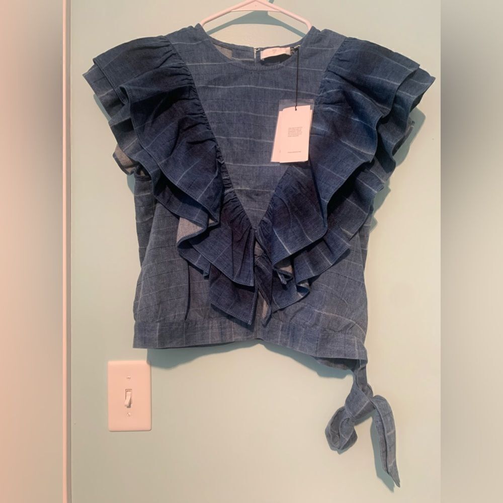 Seven by all Mankind medium denim ruffle crop top shirt blouse - Picture 6 of 8